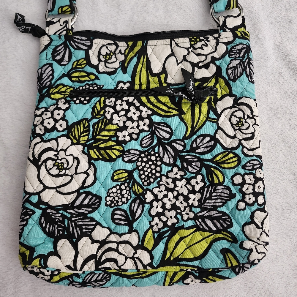 VERA BRADLEY Floral Quilted Fabric Messenger Crossbody Bag Multicolor Teal Black - Picture 5 of 8
